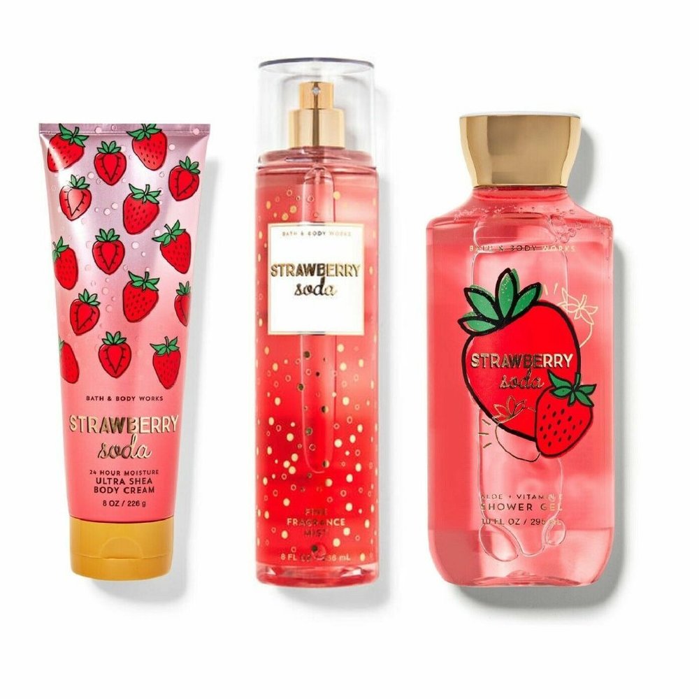 Bath & Body Works Strawberry Soda Body Cream Shower Gel & Fragrance Mist 3pc Set